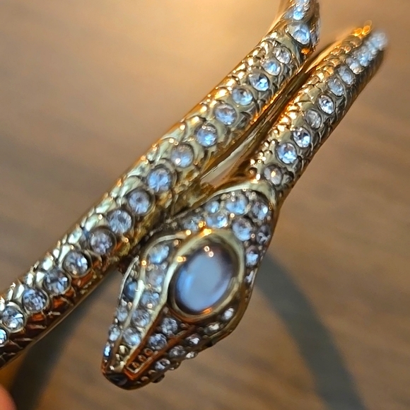 Gold Snake Bangle w/ Crystal Embellishments and Green Crystal Eyes - Picture 2 of 5